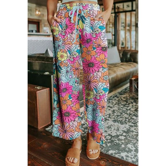 Azura Exchange  Multicolor Flower Print Pocketed Drawstring Waist Wide Leg Pants - Picture 1 of 7